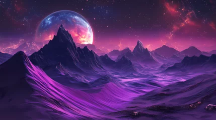 Gardinen Mesmerizing extraterrestrial landscape with undulating purple dunes and intense cosmic atmosphere. Surrealist Undulating Landscape. Illustration © Thiago