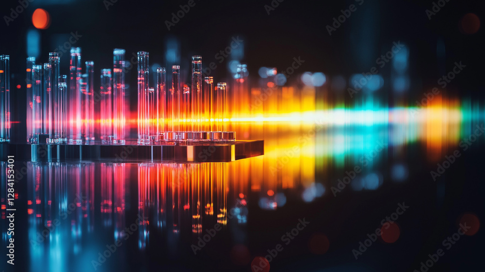 Poster chromatic symphony: a captivating display of glowing glass tubes, intricately arranged and reflectin