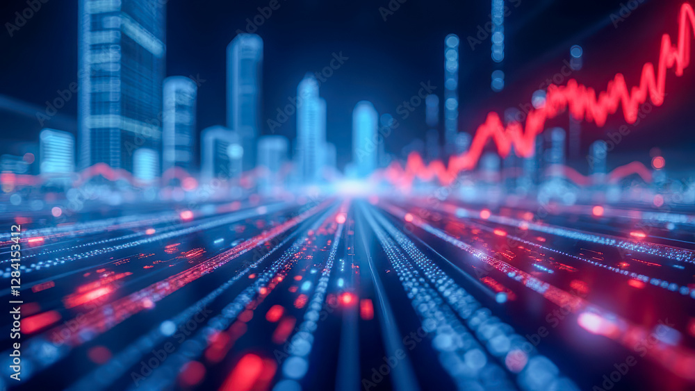 Aufkleber futuristic cityscape with digital data lines and stock market trend graph visualizing financial tech