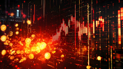 Obraz premium display of stock prices glitching and exploding into golden coins and red sparks 