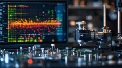 Fototapeta premium Scientific Precision: Capturing the essence of cutting-edge scientific research, a high-tech laboratory setup features intricate machinery and a computer displaying detailed data analysis.