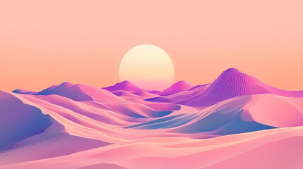 Soft, undulating sands bathe in surreal sunset hues, a dreamlike desert landscape. Surrealist Undulating Landscape. Illustration