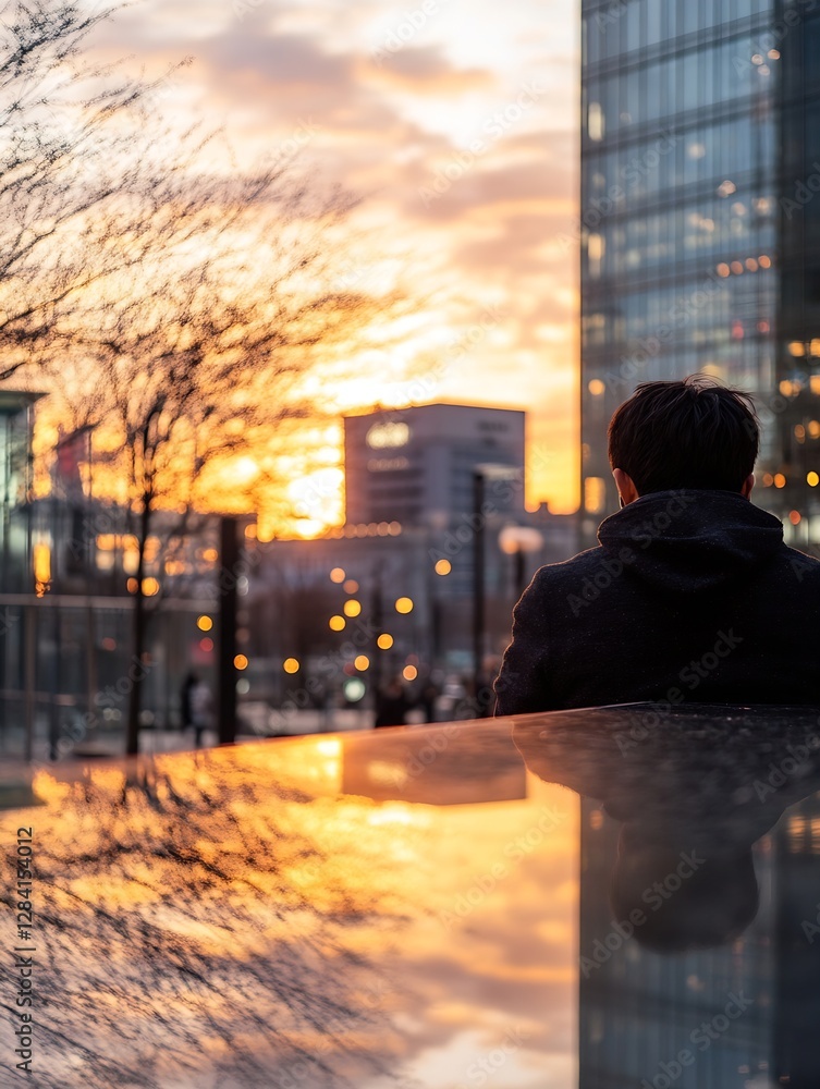 Poster Man enjoying a serene sunset reflection in an urban environment during golden hour : Generative AI