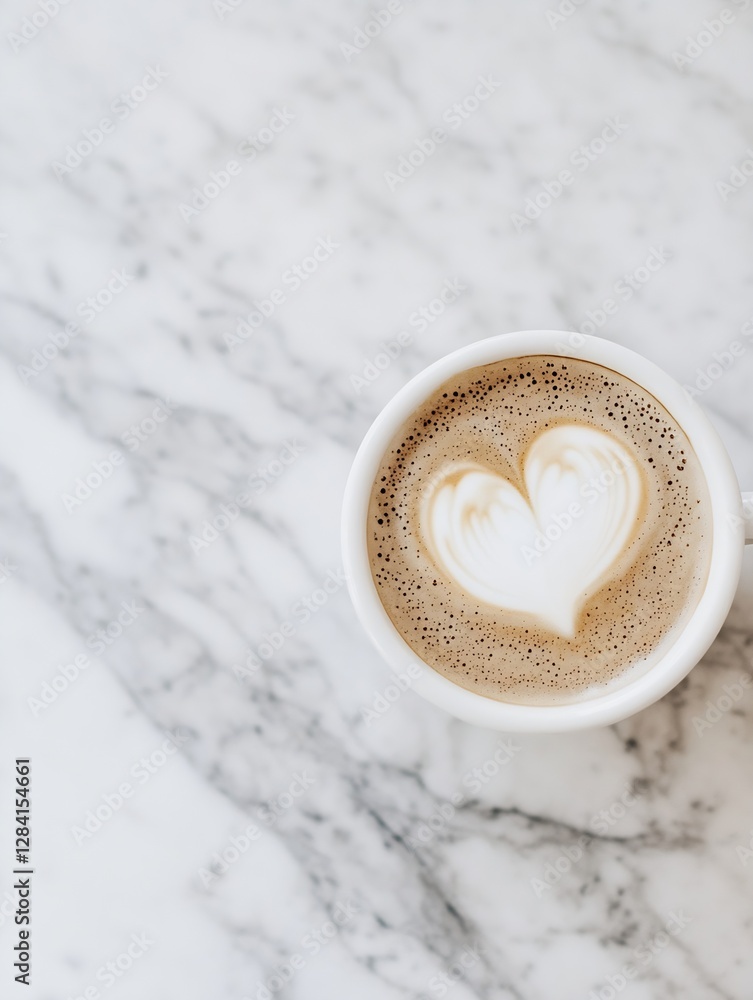 Poster close up of latte art with heart shape in creamy coffee served in elegant white cup on marble table 
