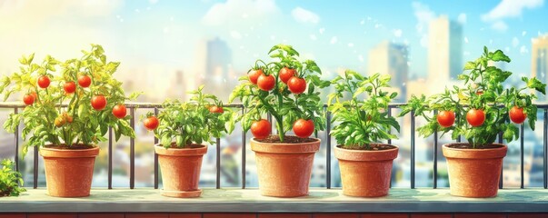 Fototapeta premium Sunny urban balcony garden with tomato plants in terracotta pots