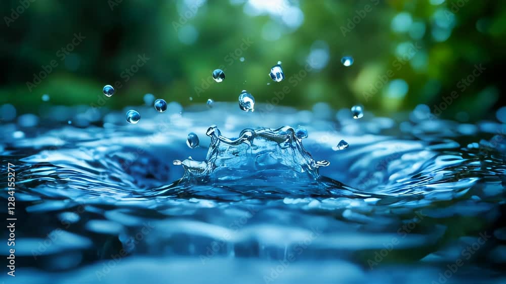 Poster close-up of a water droplet splash with droplets suspended in mid-air, creating a dynamic and refres