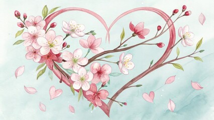 Beautiful watercolor illustration of a heart made of cherry blossom branches and flowers against a soft blue background