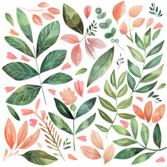 Vibrant botanical illustration featuring various leaves and flowers in soft colors, creating lively and fresh atmosphere
