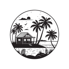 Web "Tropical Beach Hut Silhouette – Black and White Minimalist Illustration"