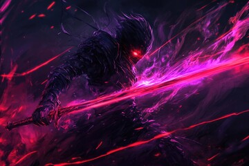 Fototapeta premium A dark figure wielding a glowing red sword in the darkness