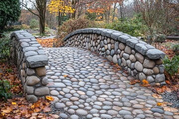 Stunning stone bridge with smooth cobblestones surrounded by autumn foliage in a tranquil garden