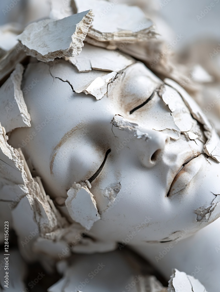 Poster artistic representation of a cracked porcelain face mask surrounded by broken pieces : generative ai