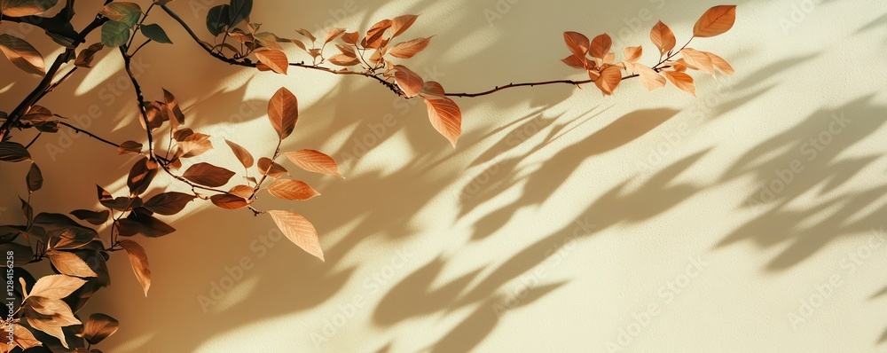 Poster sunlit branch casting shadows on a wall with autumn leaves creating warm natural patterns