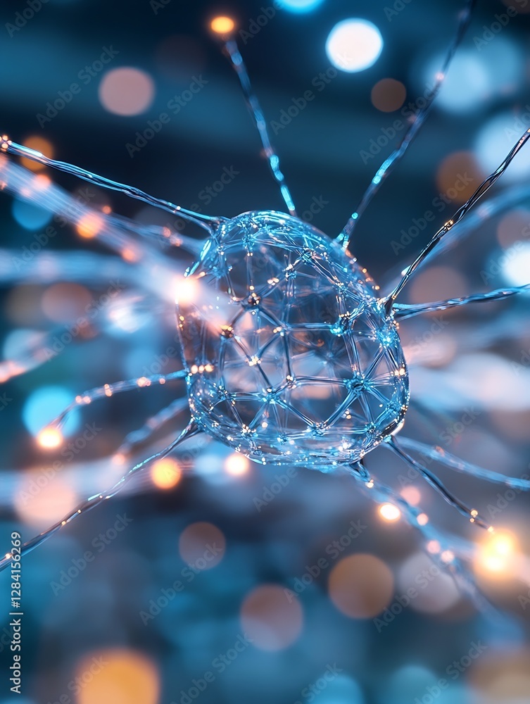 Fototapete Futuristic digital concept showing a blue glowing network structure resembling a neuron with lights and bokeh effects : Generative AI