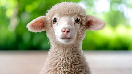 Naklejka premium Cute lamb portrait, farm background, spring (1)