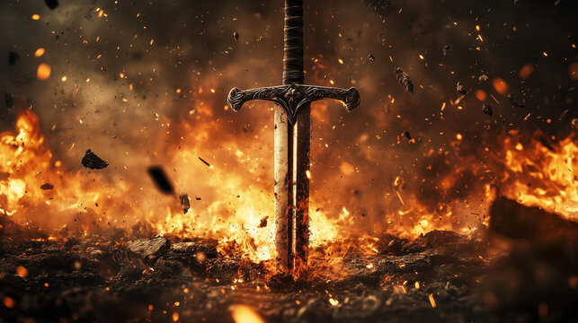 Fototapeta Epic sword engulfed in flames – dramatic fantasy battle scene for book covers, game design, and heroic storytelling