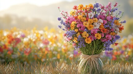 Vibrant flower bouquet in a sunlit meadow nature photography spring season scenic view floral art