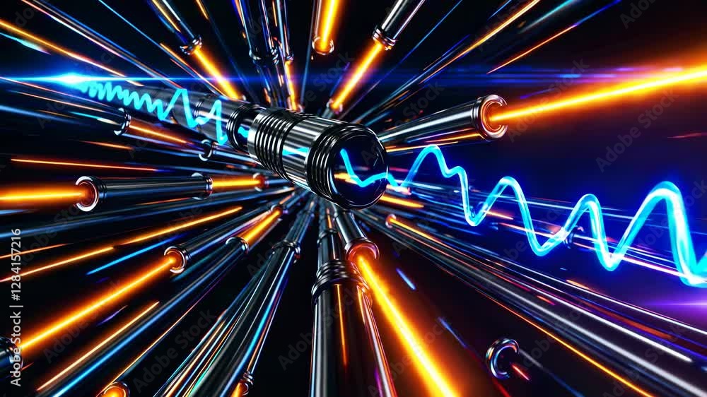 Poster neon waves pulse through chrome cylinders. digital energy streams create radial starbursts in dark v