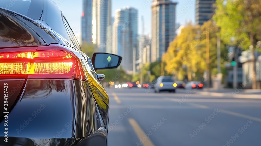 Aufkleber luxury car parked on urban street with modern skyline and vibrant city life creating a dynamic backd