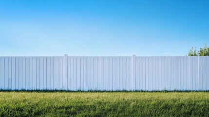 Obraz premium White Wooden Fence Against Blue Sky Summer Day Backyard Grass Green Nature home calm view wall pale clean rural sunny quiet scene image photo panel 