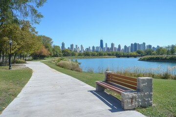 Scenic lakeside path with city skyline view and empty bench on a clear day