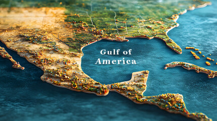 Gulf of america, gulf of mexico region highlighting coastlines and inland areas