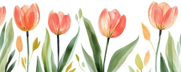 Watercolor pink tulips with green leaves on white background floral art