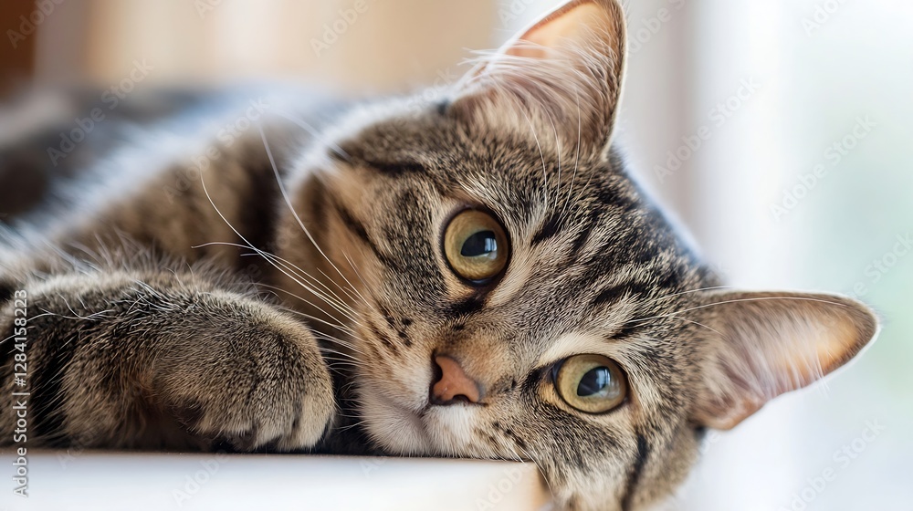 Poster Adorable closeup of a relaxed tabby cat lounging with beautiful green eyes and a calm expression : Generative AI