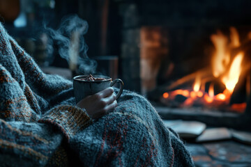 Fototapeta premium A person savoring a hot chocolate by a winter fireplace