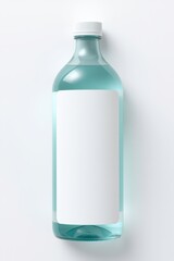 Refreshing bottle filled with light blue liquid, complete with a white label, stands on a clean background.
