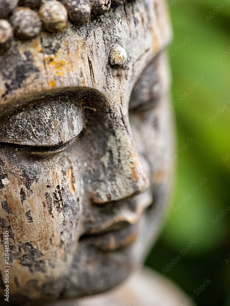Poster close up view of a rustic wooden buddha statue showcasing intricate details and serene expression : 