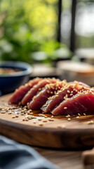 Seared tuna with a golden sesame crust is sliced to reveal its tender, rare center