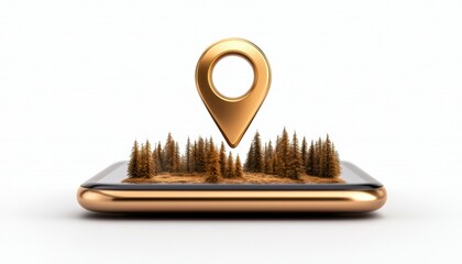 A smartphone displaying a forest landscape with a location pin icon.