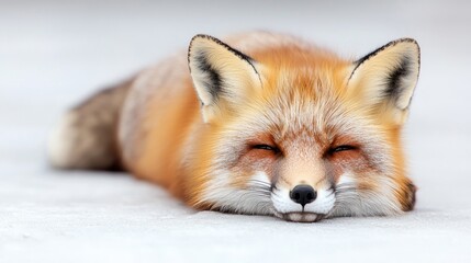 Obraz premium Red fox resting on snowy ground, winter scene