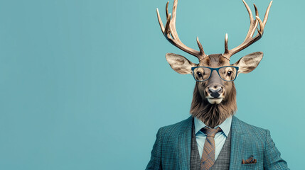 A deer with glasses and a suit on a blue background.