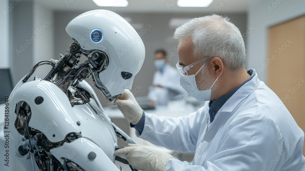 Aufkleber scientist examines humanoid robot in laboratory setting, showcasing advanced technology and innovati