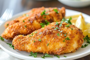Delicious crispy golden fried chicken resting on a white plate