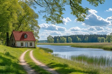 Lush green path leads to a quaint cottage by a serene lake under a blue sky with fluffy clouds