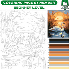 Relaxing Adult Coloring by number - Swan at Sunset, coloring page for kids © OecupSaudagar