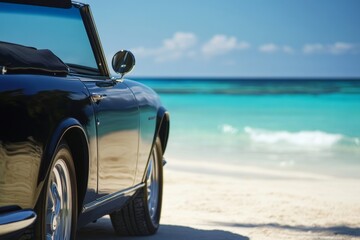 Classic Convertible Car Parked on Scenic Beach with Clear Ocean View