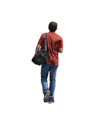 Naklejka premium Homme adulte vu de dos en T‐shirt rouge et jean, sac noir en bandoulière. Il marche d’un pas tranquille, silhouette sportive
