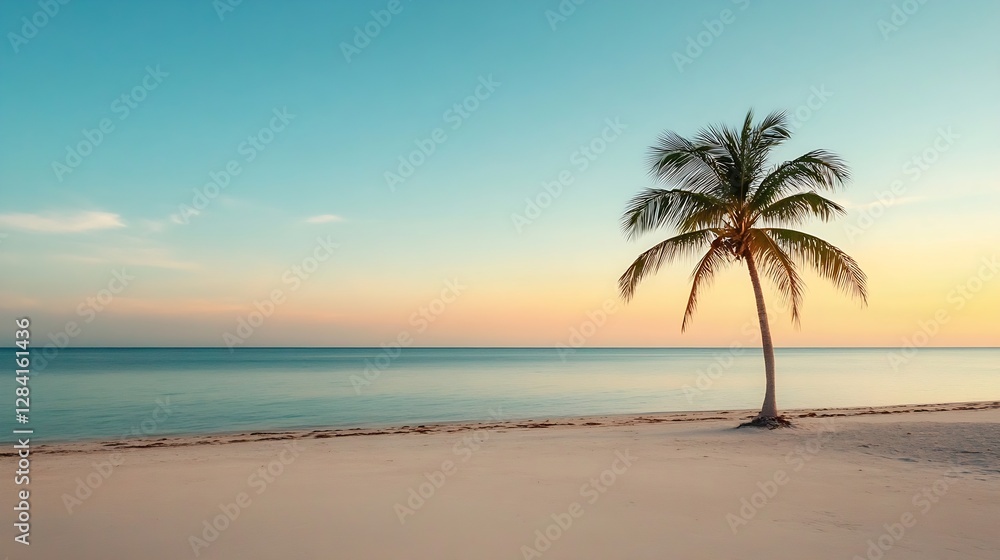 Poster tranquil beach scene featuring a palm tree against a serene ocean and colorful sunset sky : generati