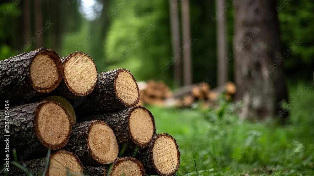 Aufkleber closeup view of freshly cut tree logs stacked in a lush green forest setting under natural light : g