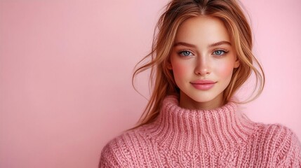 Fototapeta premium Young woman with soft features and pink sweater against a pastel background, exuding warmth