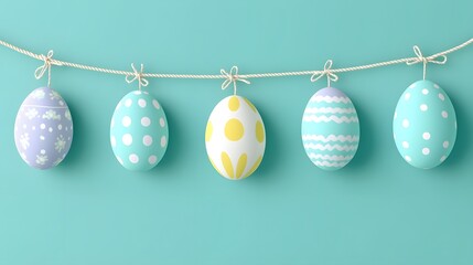 Pastel Colored Easter Eggs Hanging on a String Against a Light Aqua Background