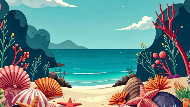 A colorful ocean scene with a starfish and a variety of shells. The background is blue and the foreground is filled with different colored shells
