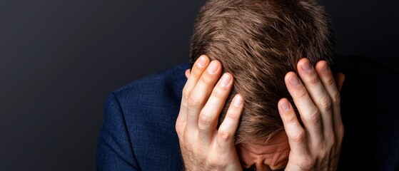 Fototapeta premium A stressed individual holding their head in despair, illustrating mental struggle.