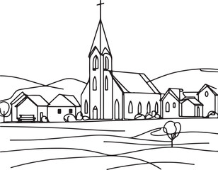 Beautiful Village Church Line Drawing Art