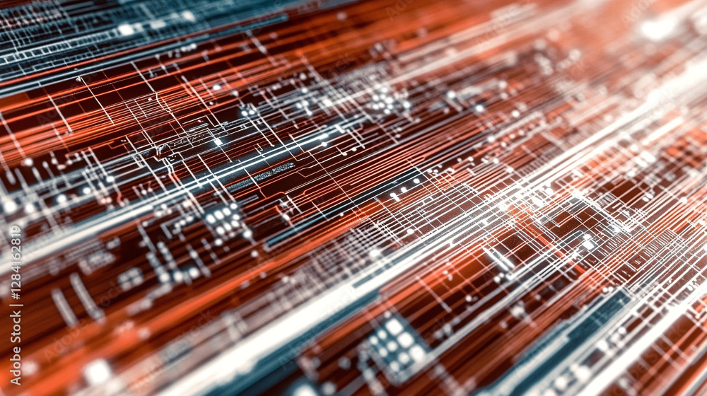 Poster a futuristic high-speed digital data transfer visualization with glowing orange and white light trai