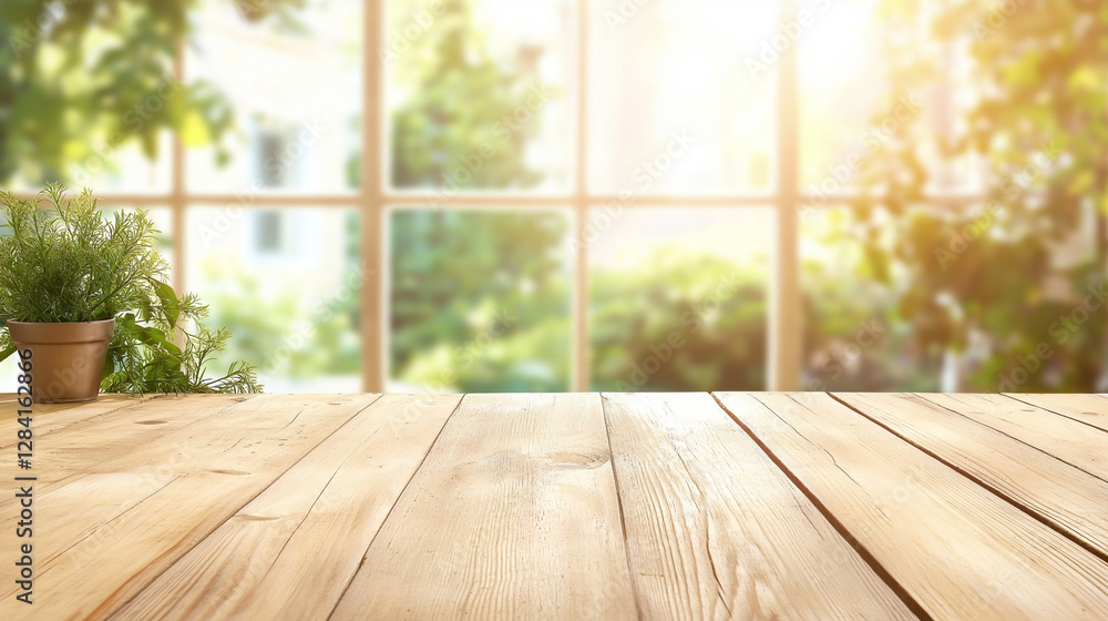 Poster light-filled workspace: a sunlit workspace with a wooden table and a large window with green view, t